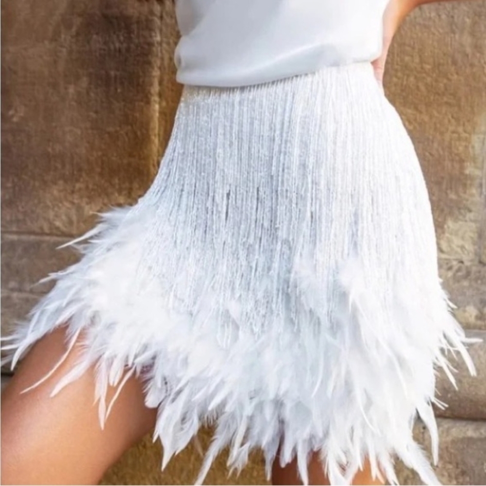 NWT Nadine Merabi Sara Beaded Fringe Feathered Skirt Size XS/2